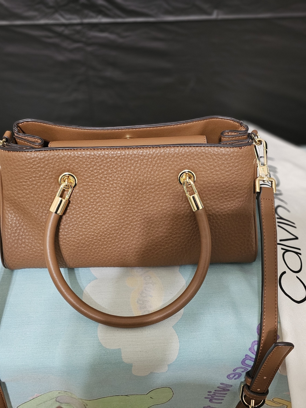Calvin Klein Tan Pebbled Leather Shoulder Bag with Gold Hardware